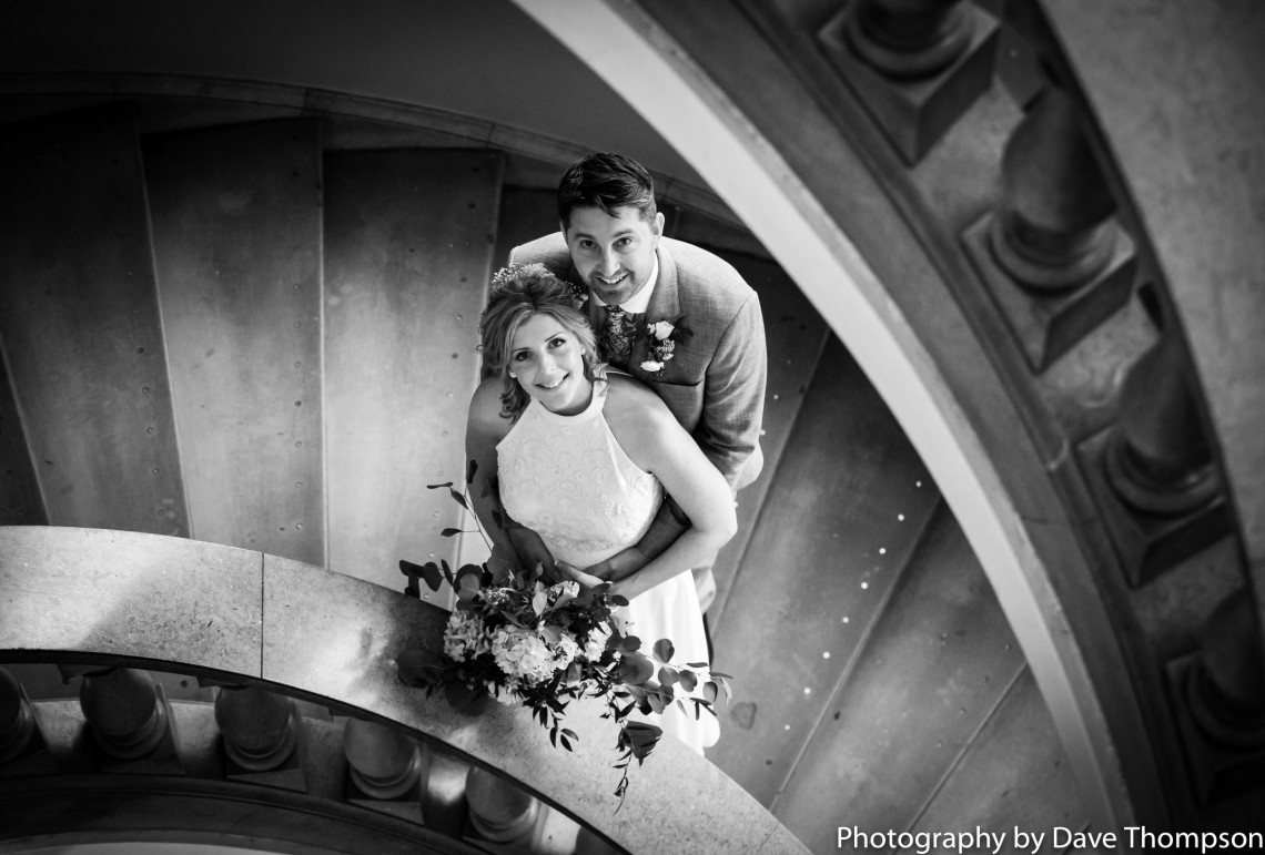 Bridal portrait in the stone stairs at Crewe Municipal buildings