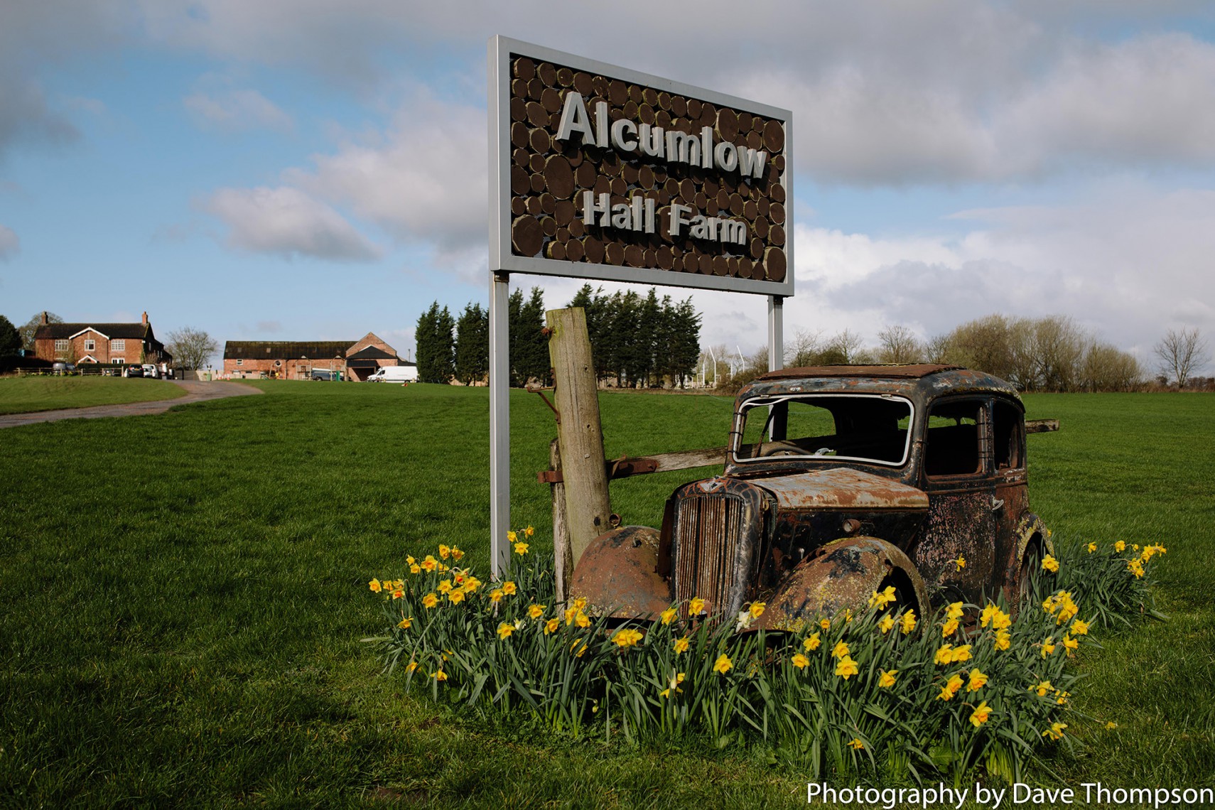 The old car surrounded by flowers on the drive up to Alcumlow Wedding Barn